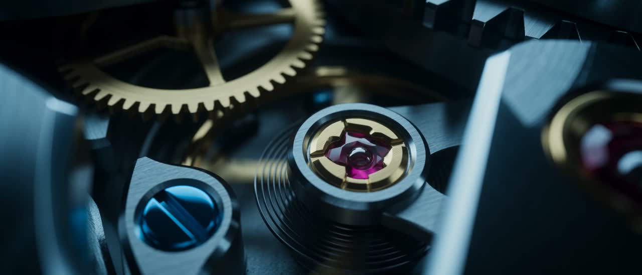 Macro do interior de um calibre mecânico: engrenagens, rubis em chatons e parafusos azulados sob luz fria